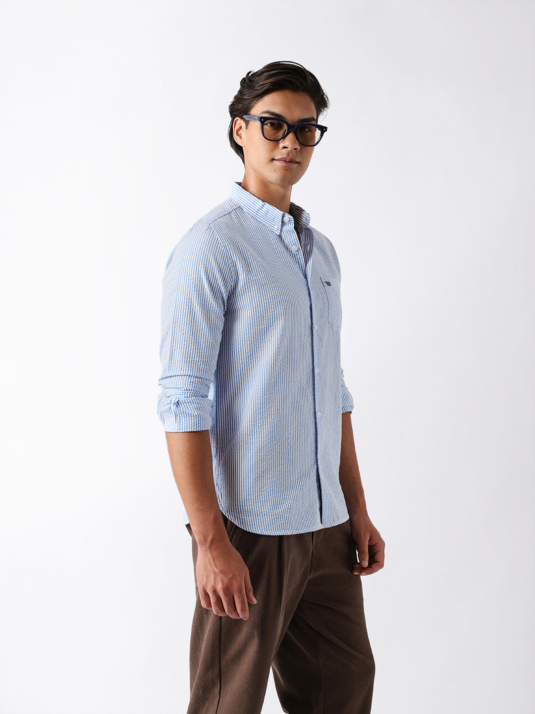 Blue & White Vertical Seersucker Pinstripe Slim Fit Casual Shirt
