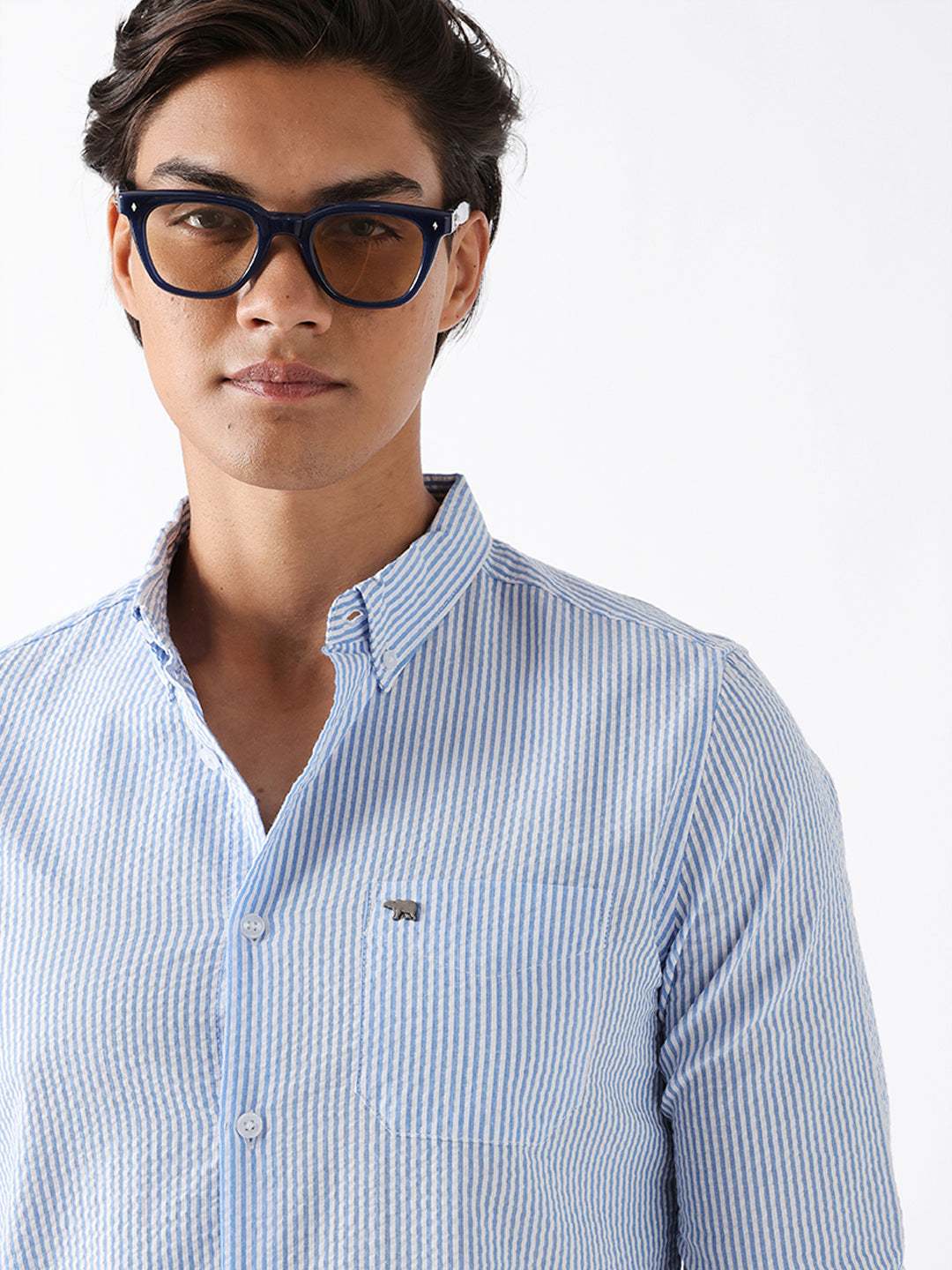 Blue & White Vertical Seersucker Pinstripe Slim Fit Casual Shirt