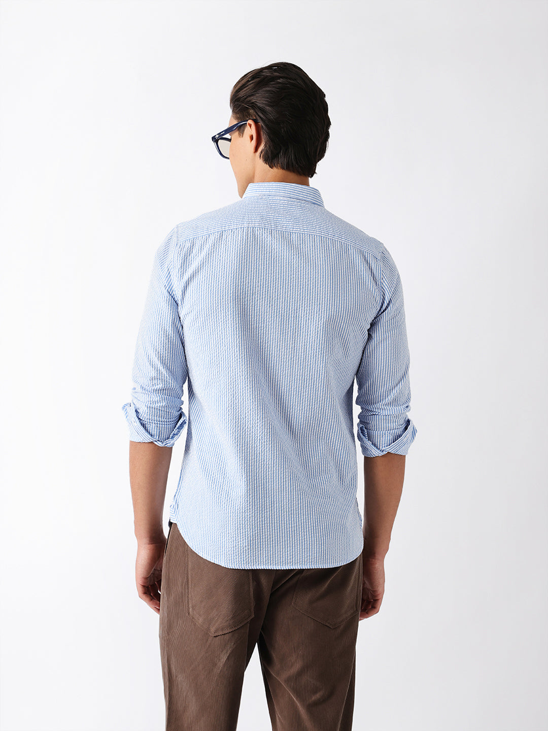Blue & White Vertical Seersucker Pinstripe Slim Fit Casual Shirt