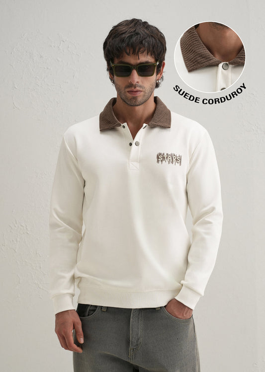 Off-White Suede Collared Polo Sweatshirt