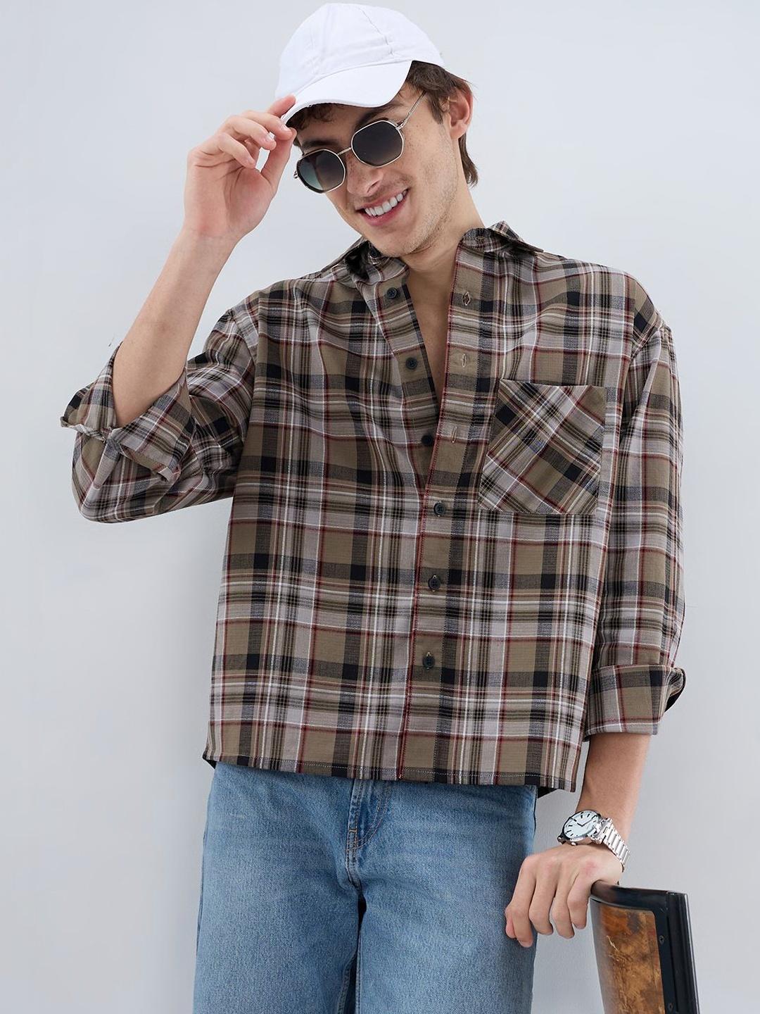 Muted Olive Plaid Checks Boxy Fit Crop Shirt