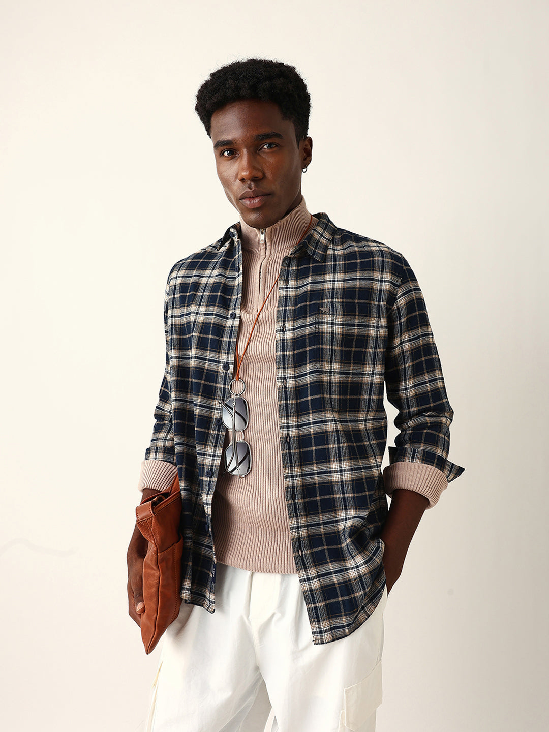 Navy Blue Flannel Woven Checked Slim Fit Casual Shirt