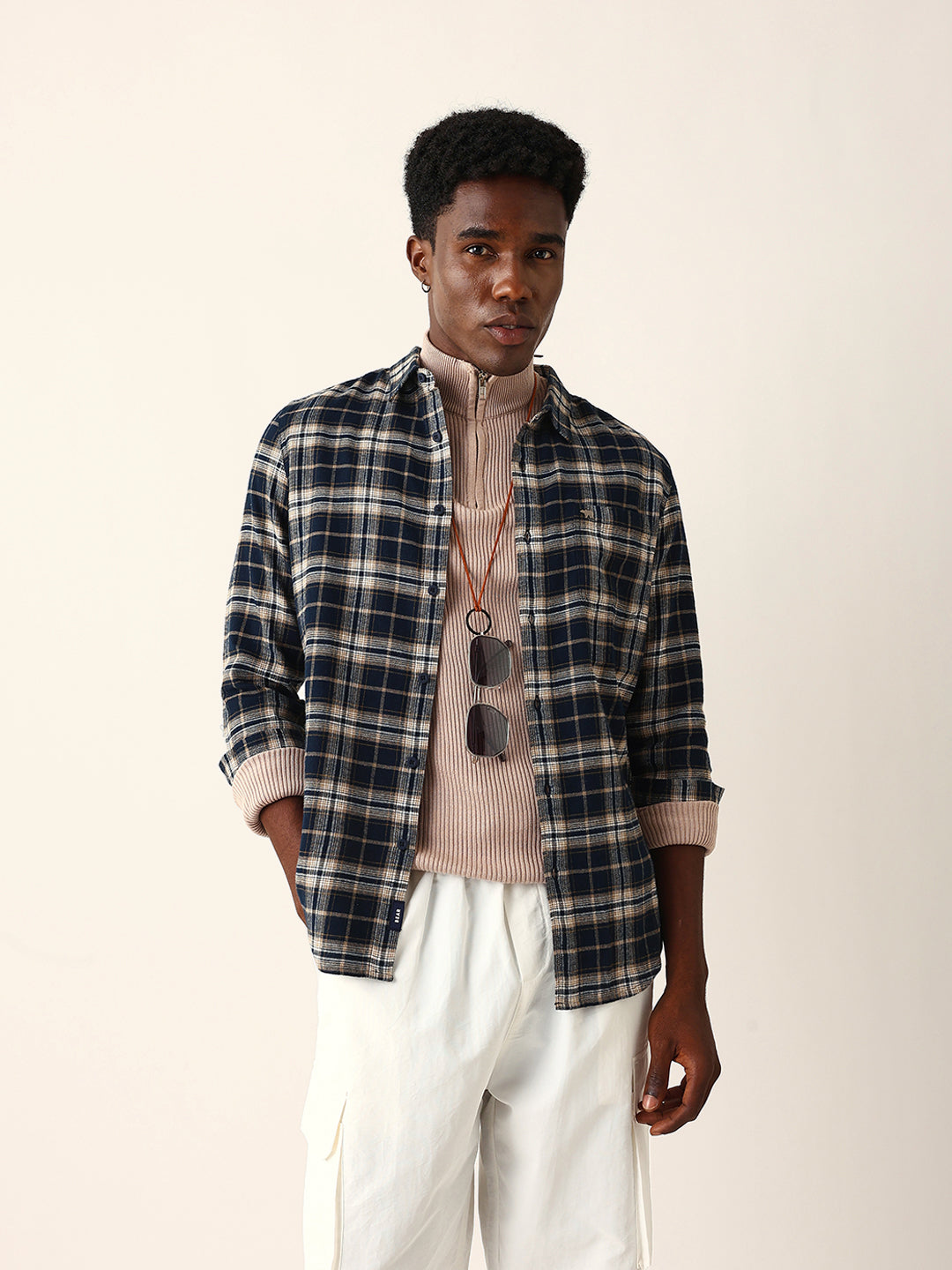 Navy Blue Flannel Woven Checked Slim Fit Casual Shirt