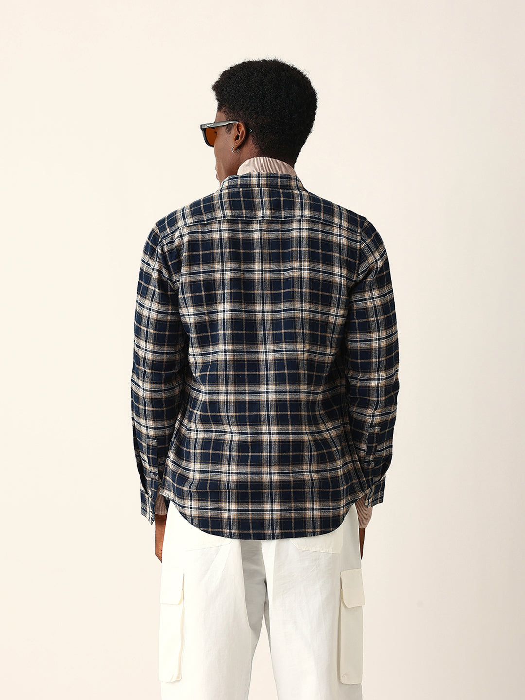 Navy Blue Flannel Woven Checked Slim Fit Casual Shirt