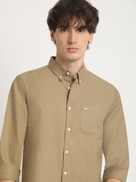Men Beige Solid Slim Fit Cotton Casual Shirt