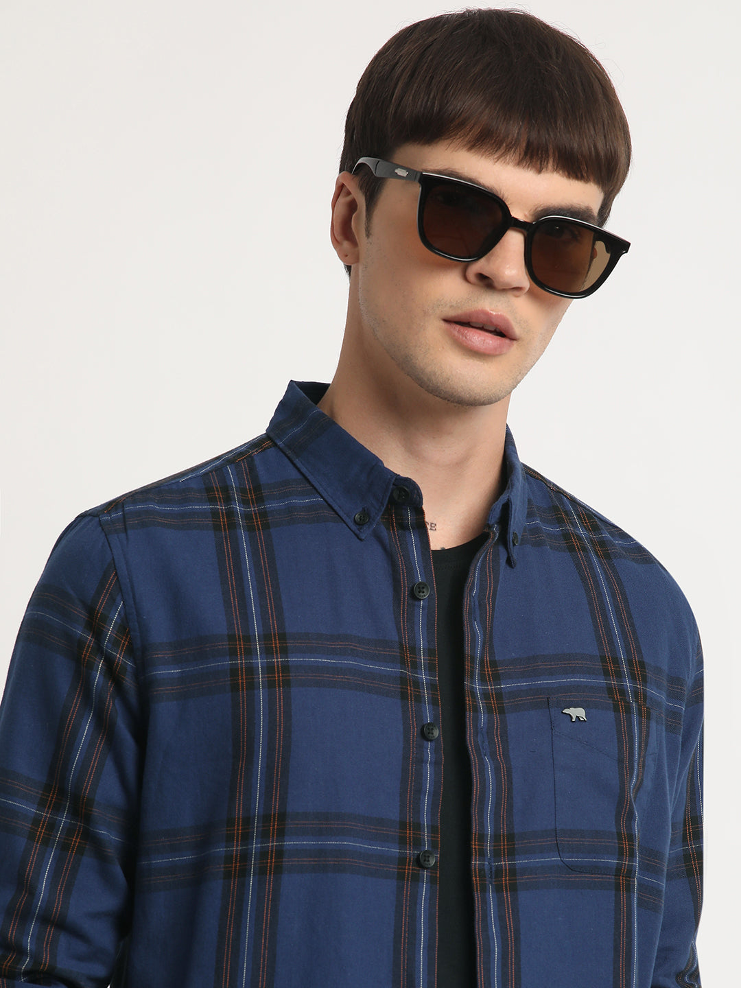 Men Blue Checked Slim Fit Cotton Casual Shirt