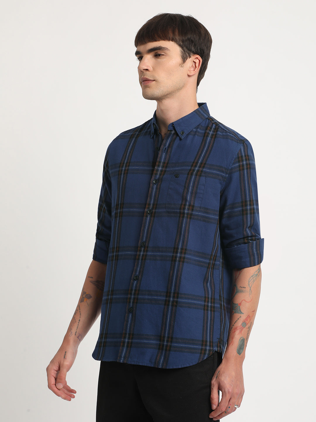Men Blue Checked Slim Fit Cotton Casual Shirt