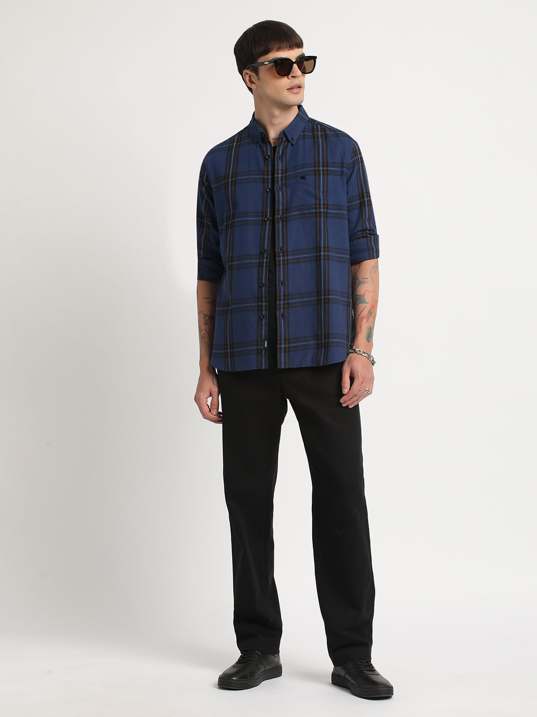 Men Blue Checked Slim Fit Cotton Casual Shirt