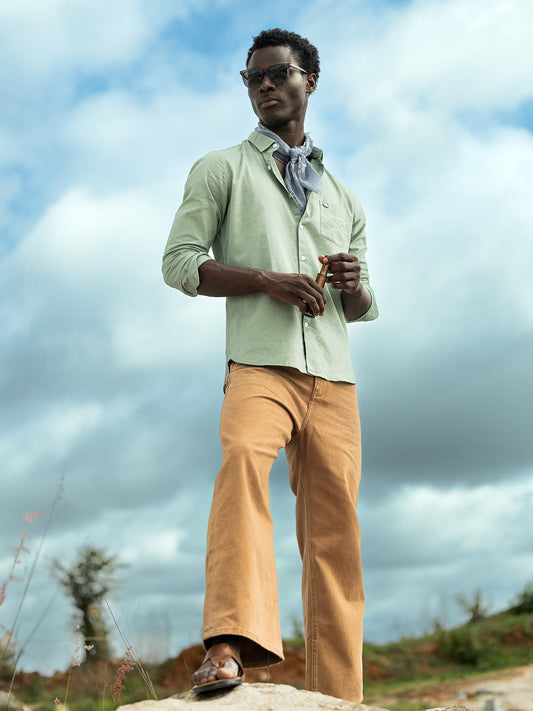 Olive Cotton Linen Slim Fit Solid Casual Shirt