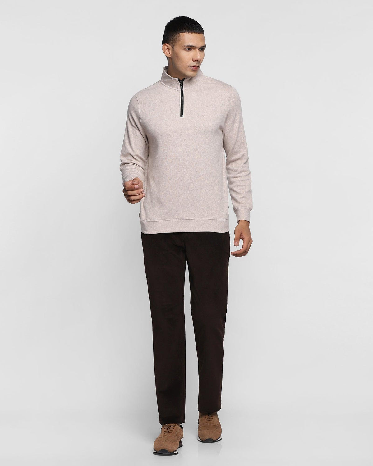 Stylized Collar Beige Solid Sweatshirt - Bing