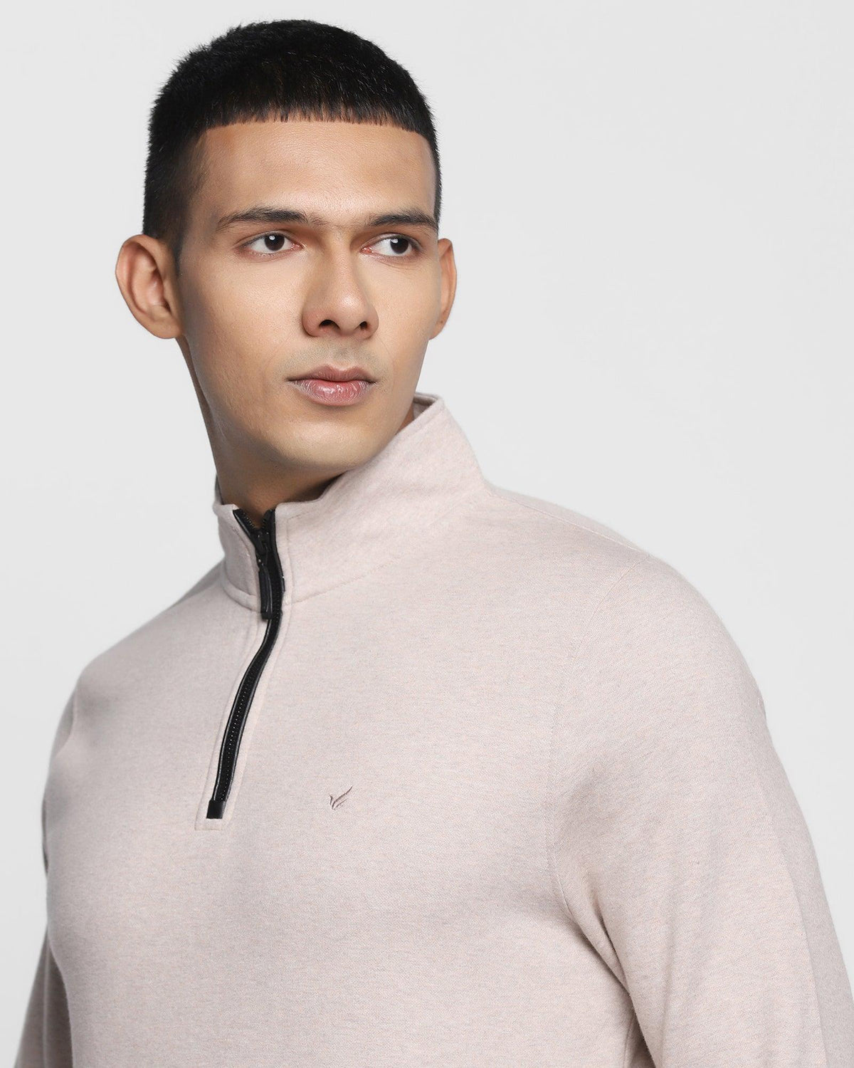 Stylized Collar Beige Solid Sweatshirt - Bing