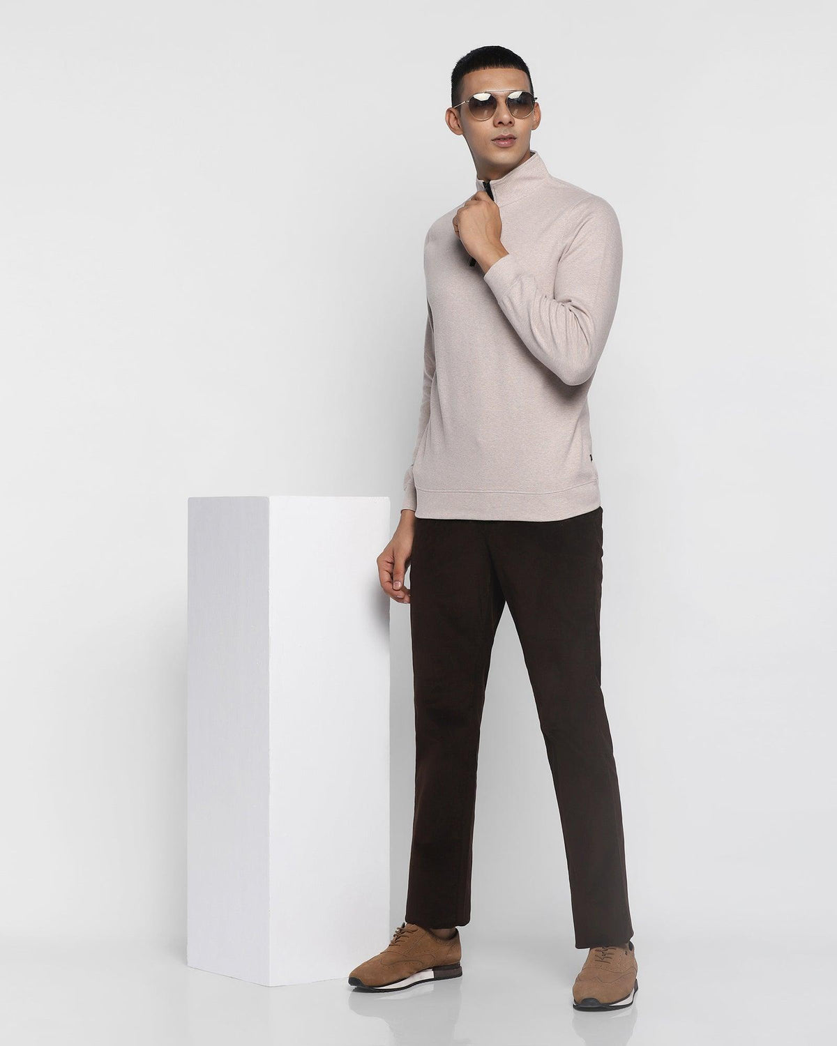 Stylized Collar Beige Solid Sweatshirt - Bing