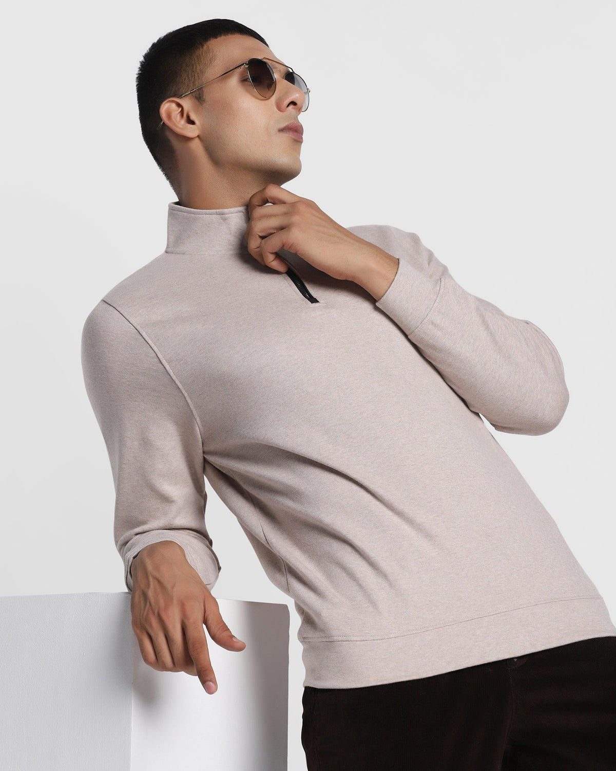 Stylized Collar Beige Solid Sweatshirt - Bing
