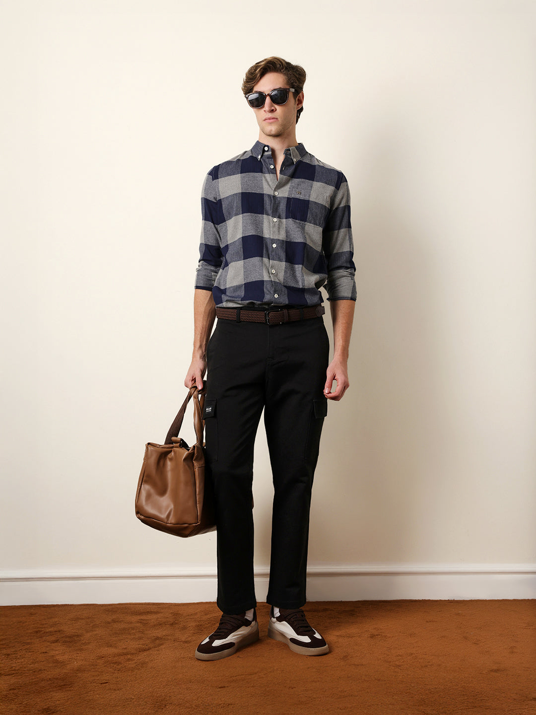 Navy Blue Herringbone Checked Design Slim Fit Casual Shirt