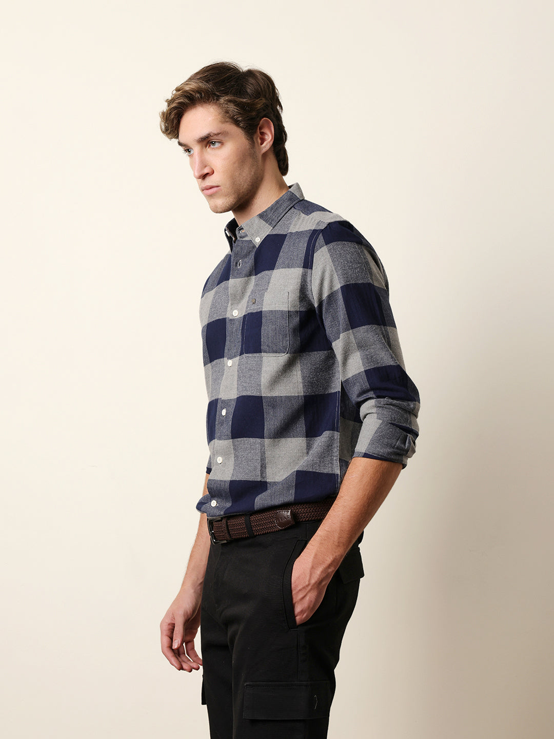 Navy Blue Herringbone Checked Design Slim Fit Casual Shirt