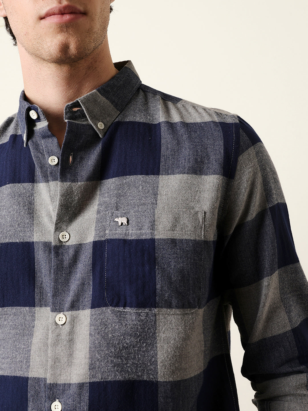 Navy Blue Herringbone Checked Design Slim Fit Casual Shirt