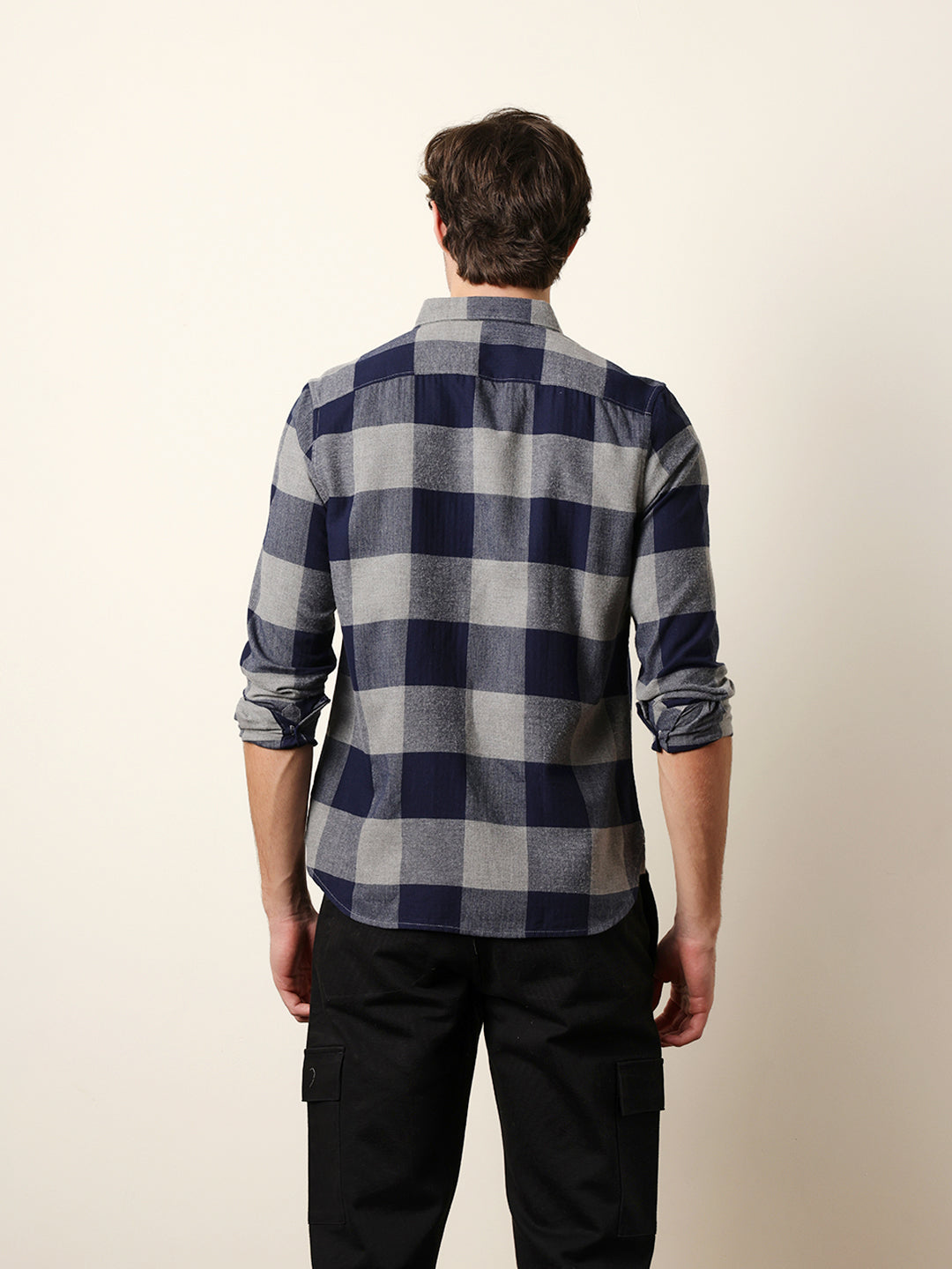 Navy Blue Herringbone Checked Design Slim Fit Casual Shirt