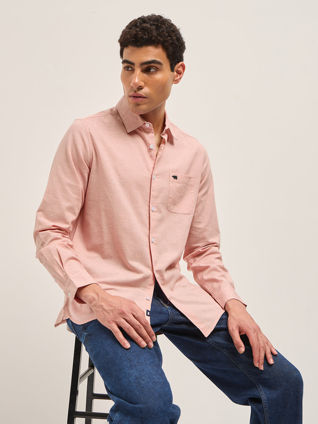 Pink Cotton Linen Slim Fit Solid Casual Shirt