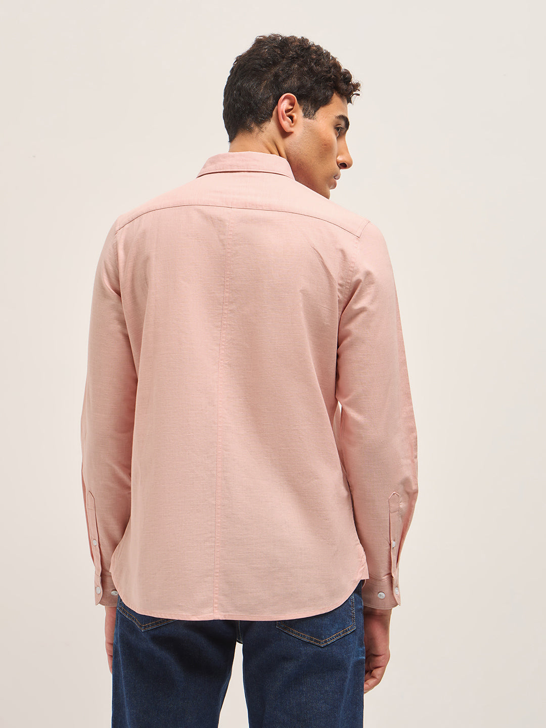 Pink Cotton Linen Slim Fit Solid Casual Shirt