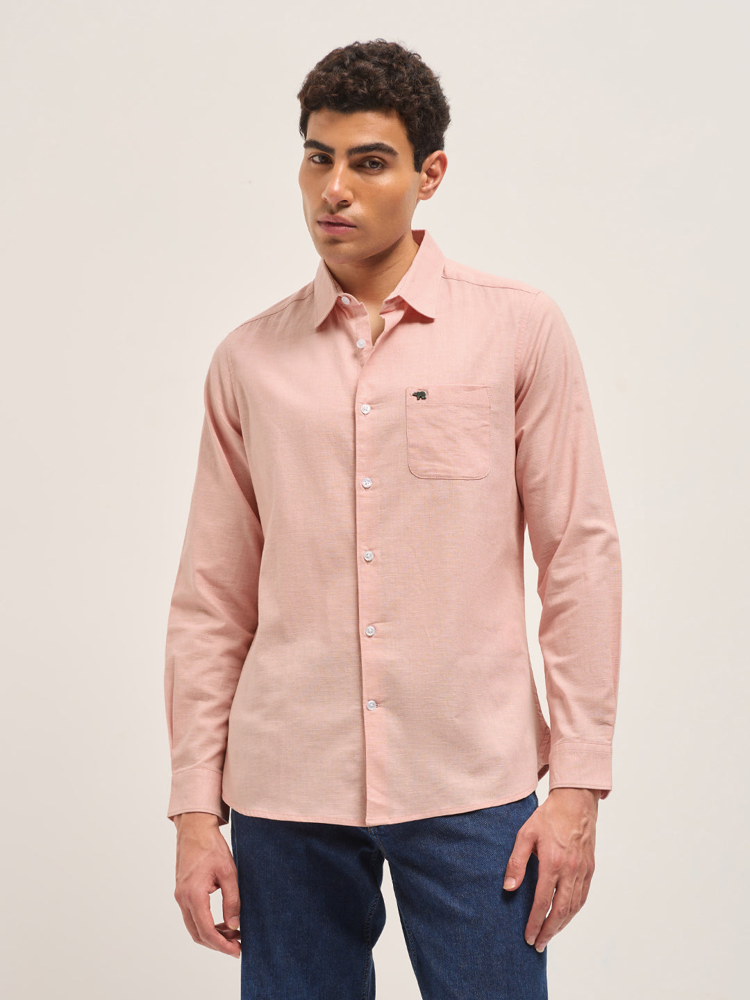 Pink Cotton Linen Slim Fit Solid Casual Shirt