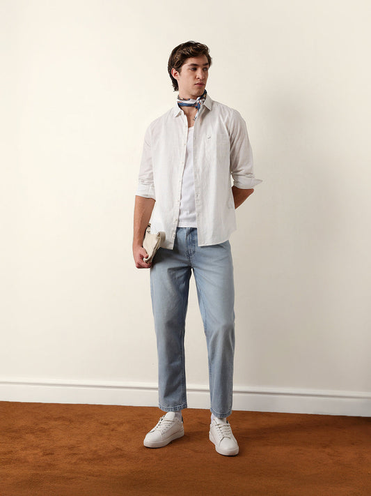 Blue & Off-White Woven Micro-Checked Slim-Fit Casual Shirt
