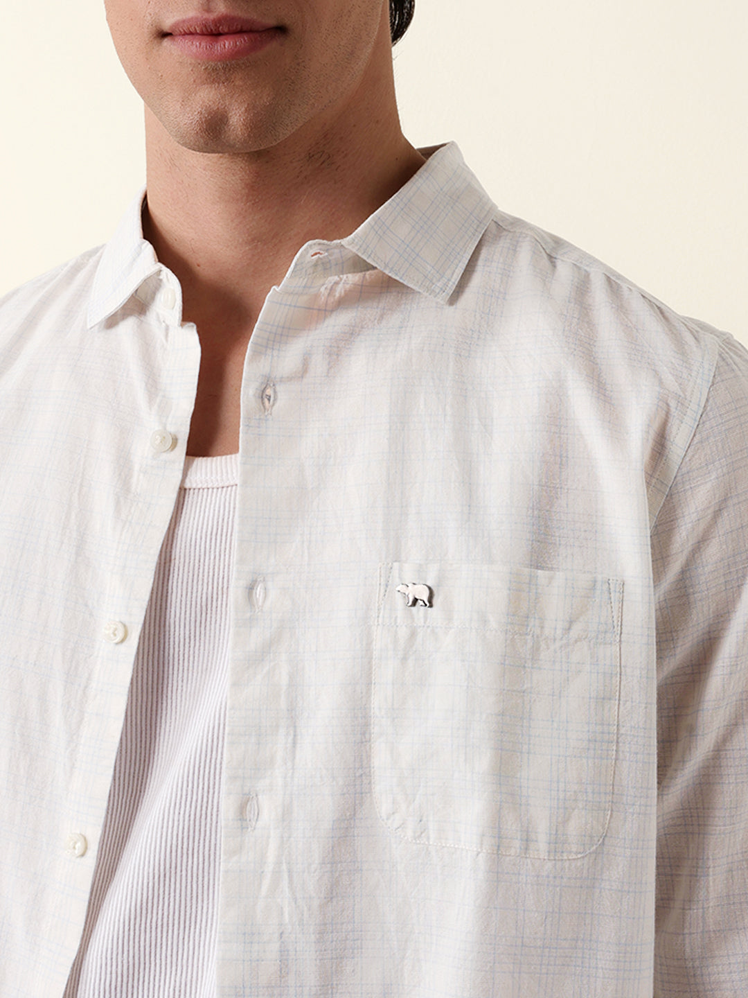 Blue & Off-White Woven Micro-Checked Slim-Fit Casual Shirt