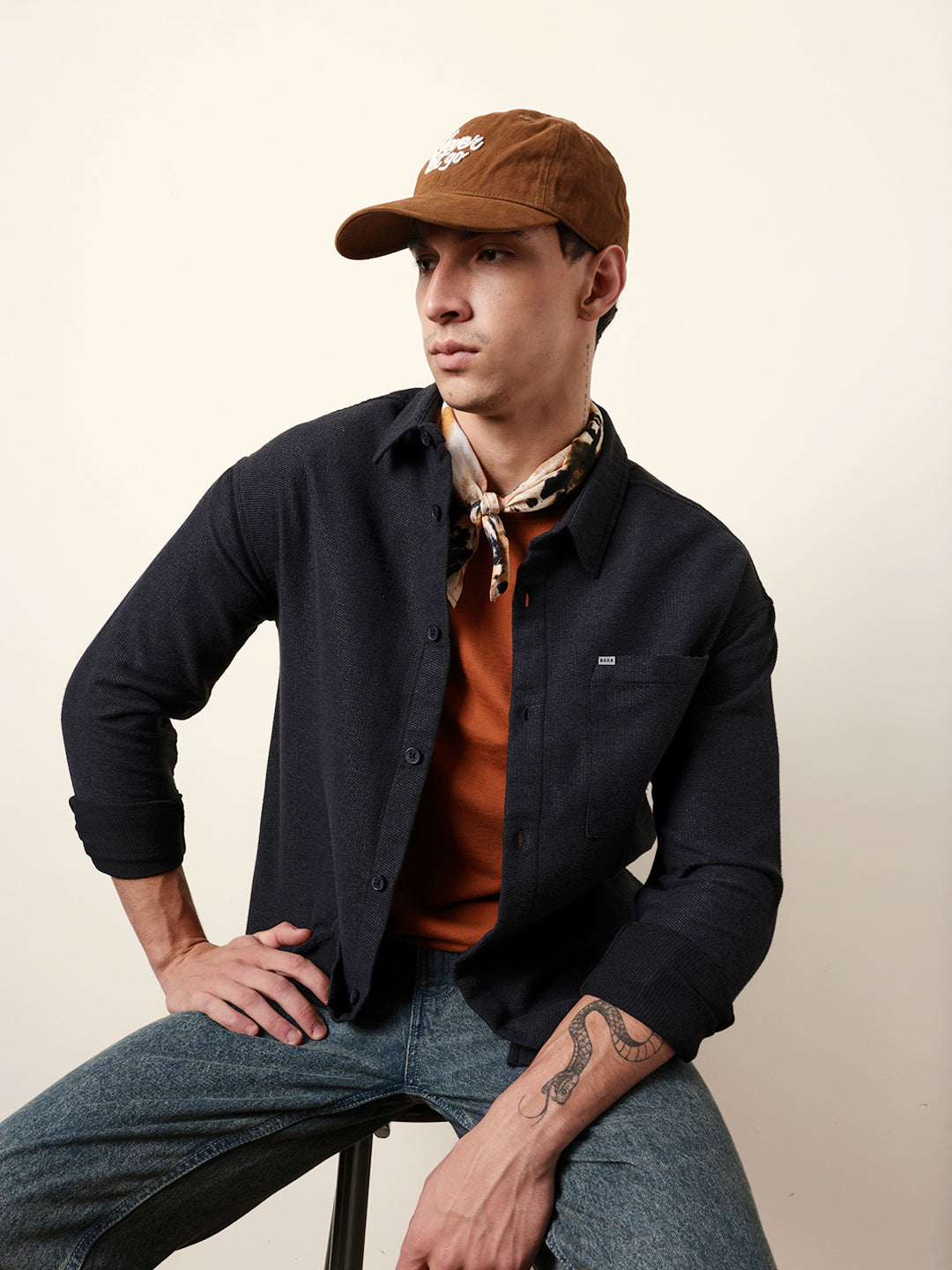 Dark Blue Textured Crepe Relaxed Fit Overshirt