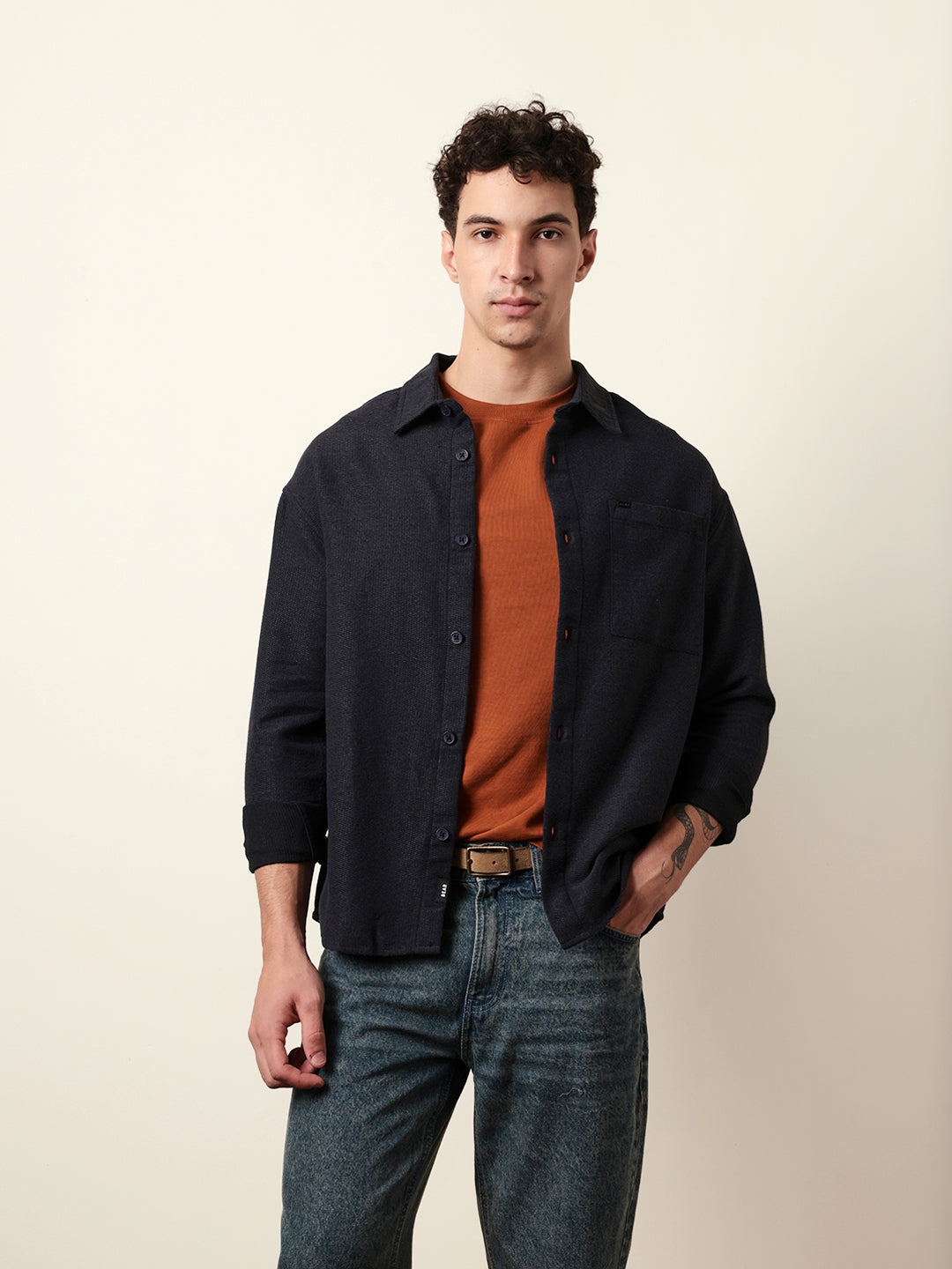 Dark Blue Textured Crepe Relaxed Fit Overshirt