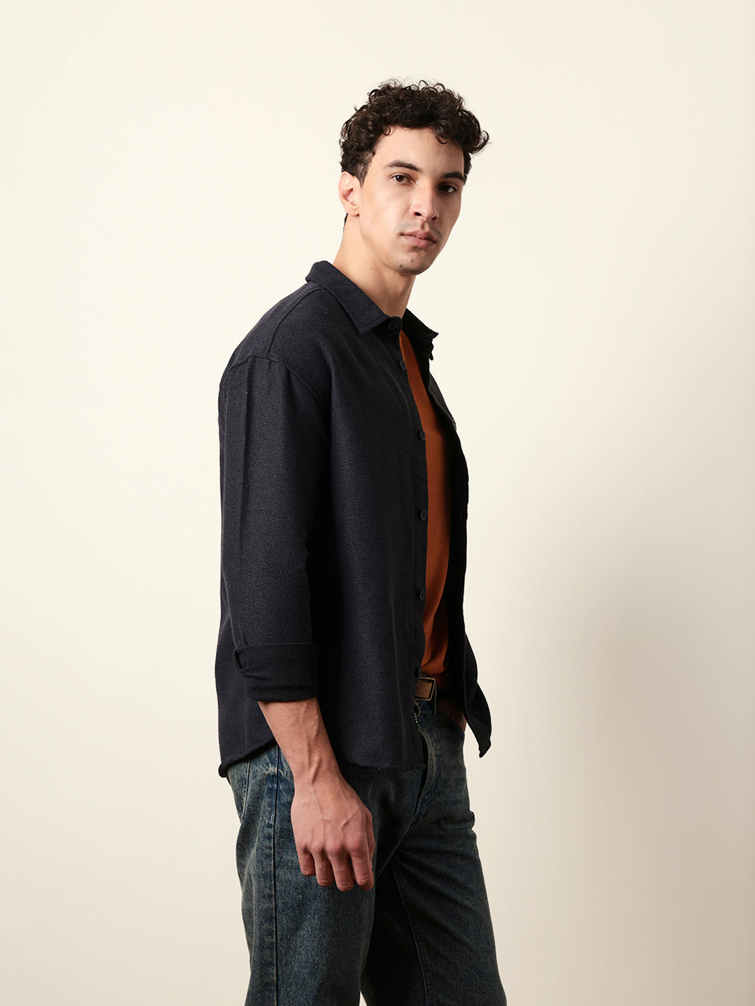 Dark Blue Textured Crepe Relaxed Fit Overshirt