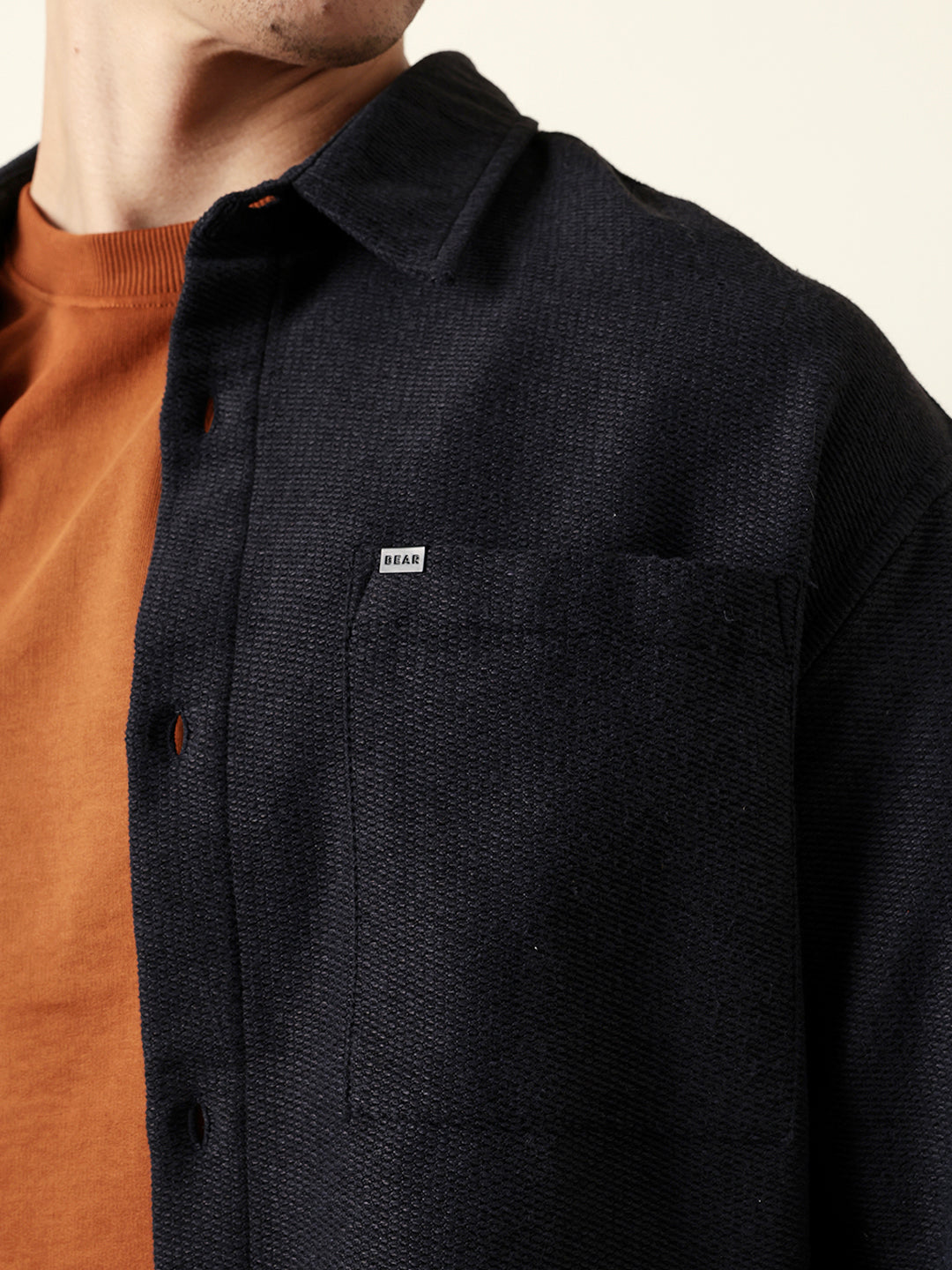 Dark Blue Textured Crepe Relaxed Fit Overshirt