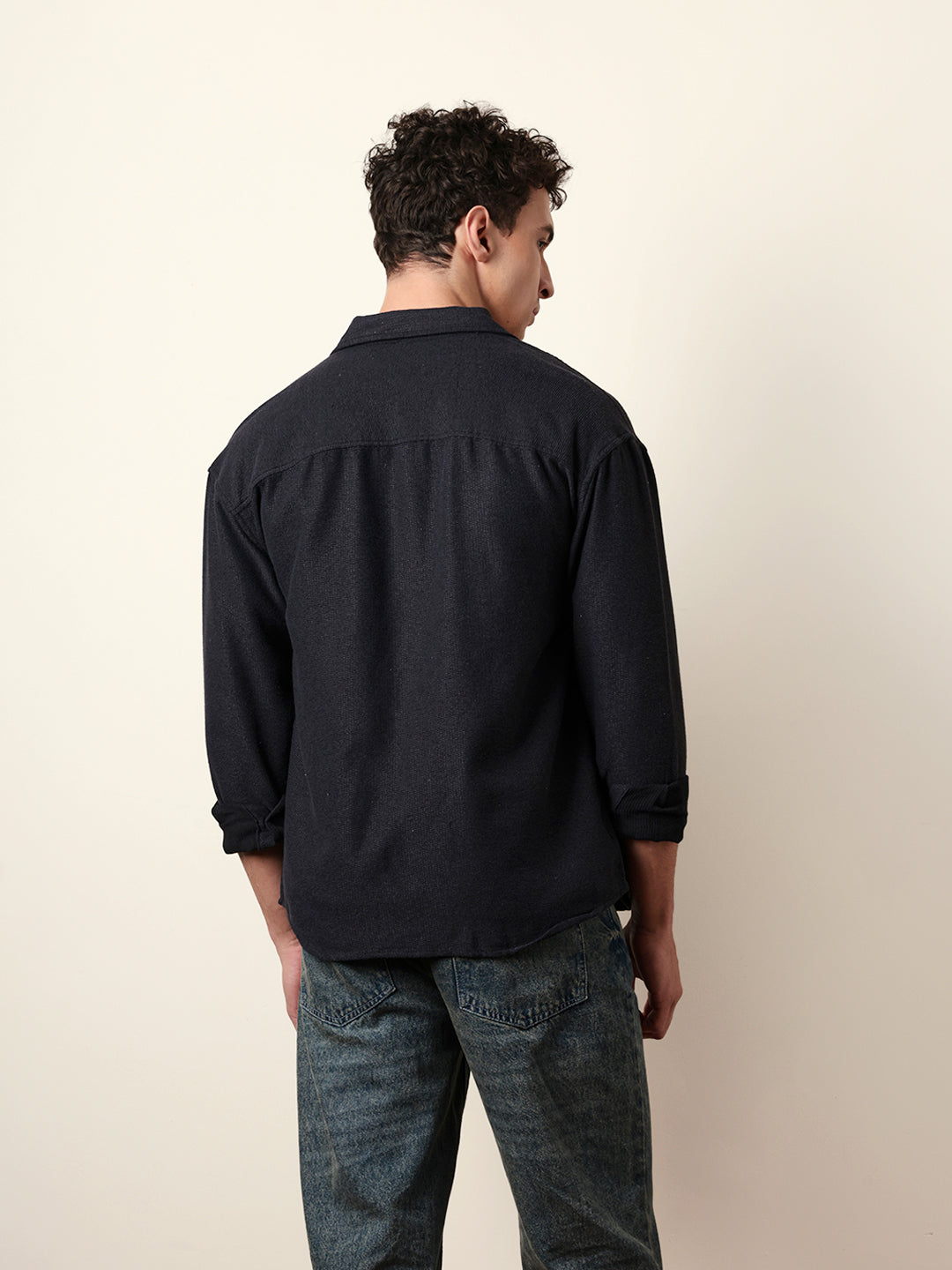 Dark Blue Textured Crepe Relaxed Fit Overshirt
