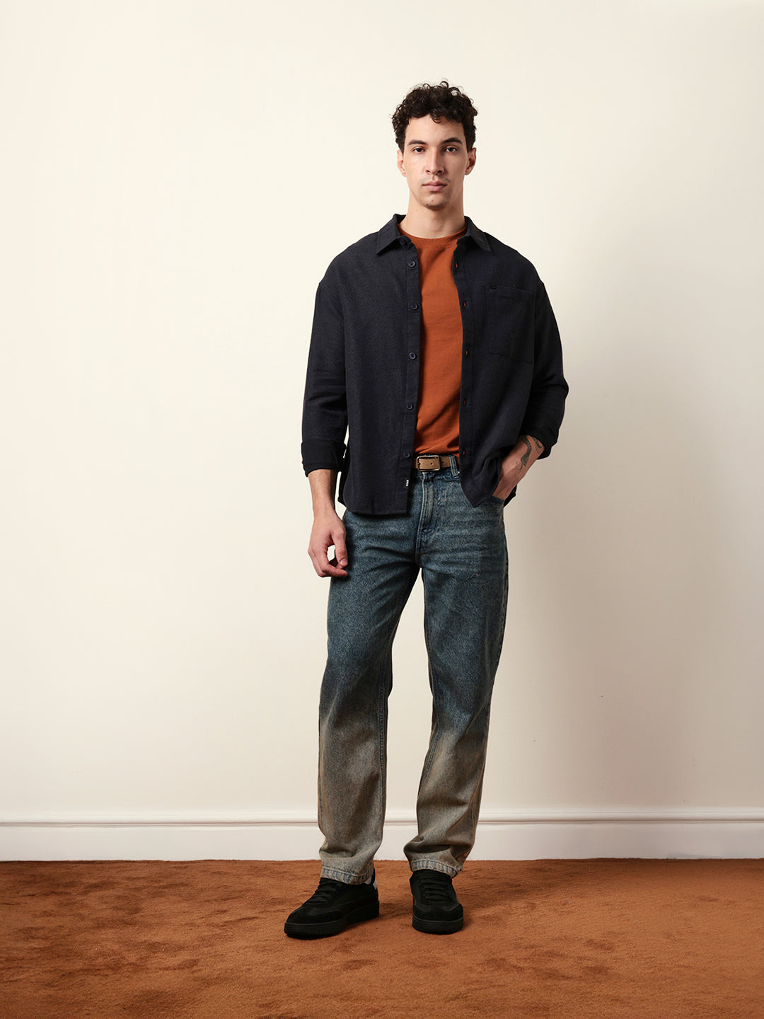 Dark Blue Textured Crepe Relaxed Fit Overshirt