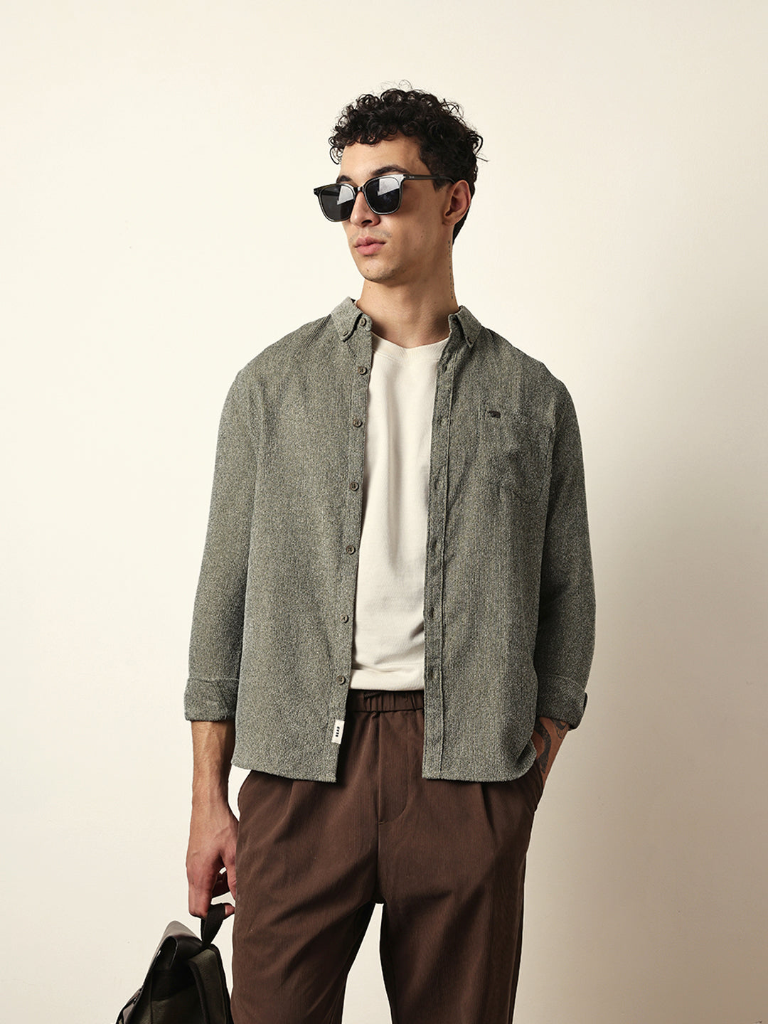 Green Textured Woven Striped Slim Fit Casual Shirt
