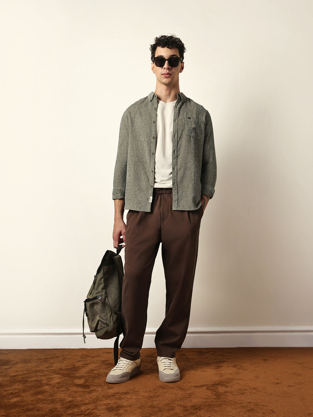Green Textured Woven Striped Slim Fit Casual Shirt