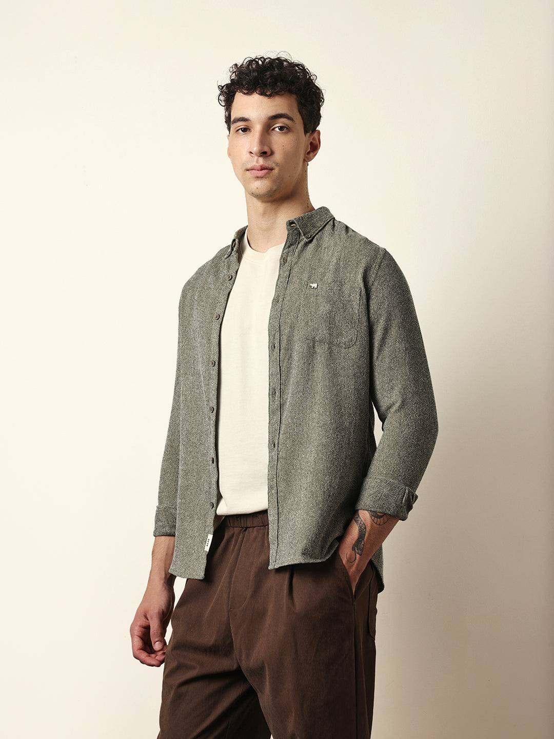 Green Textured Woven Striped Slim Fit Casual Shirt