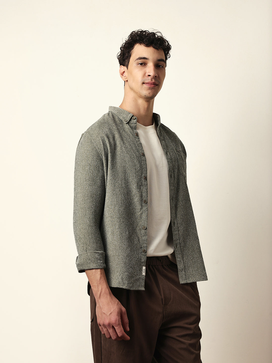 Green Textured Woven Striped Slim Fit Casual Shirt