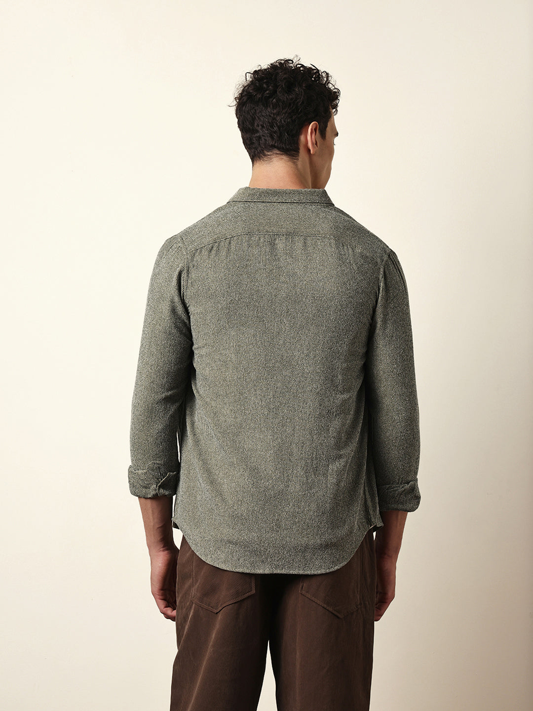 Green Textured Woven Striped Slim Fit Casual Shirt
