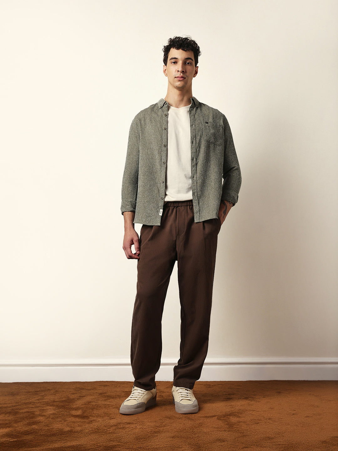 Green Textured Woven Striped Slim Fit Casual Shirt