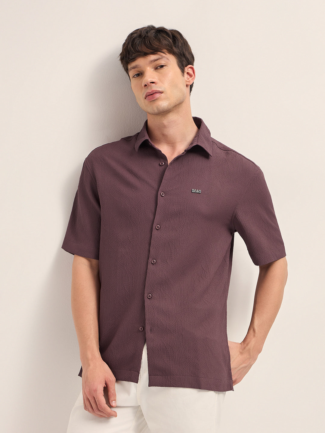 Maroon All-Over Textured Leaf Motif Oversized Casual Shirt with Half Sleeves