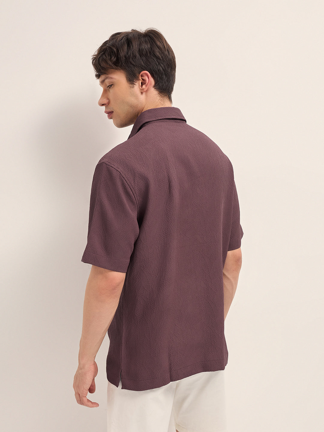 Maroon All-Over Textured Leaf Motif Oversized Casual Shirt with Half Sleeves
