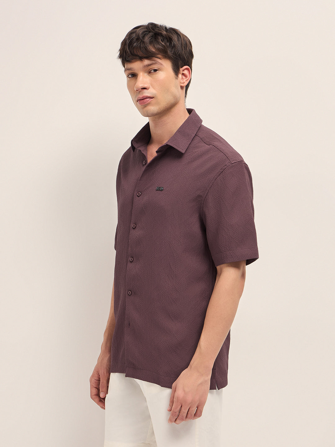 Maroon All-Over Textured Leaf Motif Oversized Casual Shirt with Half Sleeves