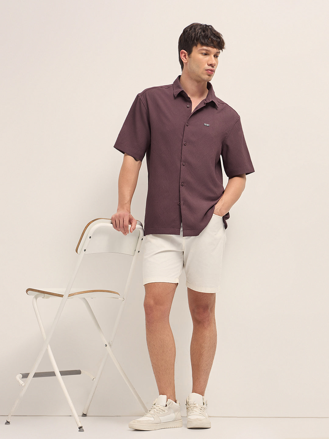 Maroon All-Over Textured Leaf Motif Oversized Casual Shirt with Half Sleeves