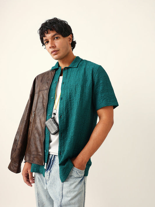 Teal Green Textured Geometric Relaxed Fit Casual Half Sleeve Shirt
