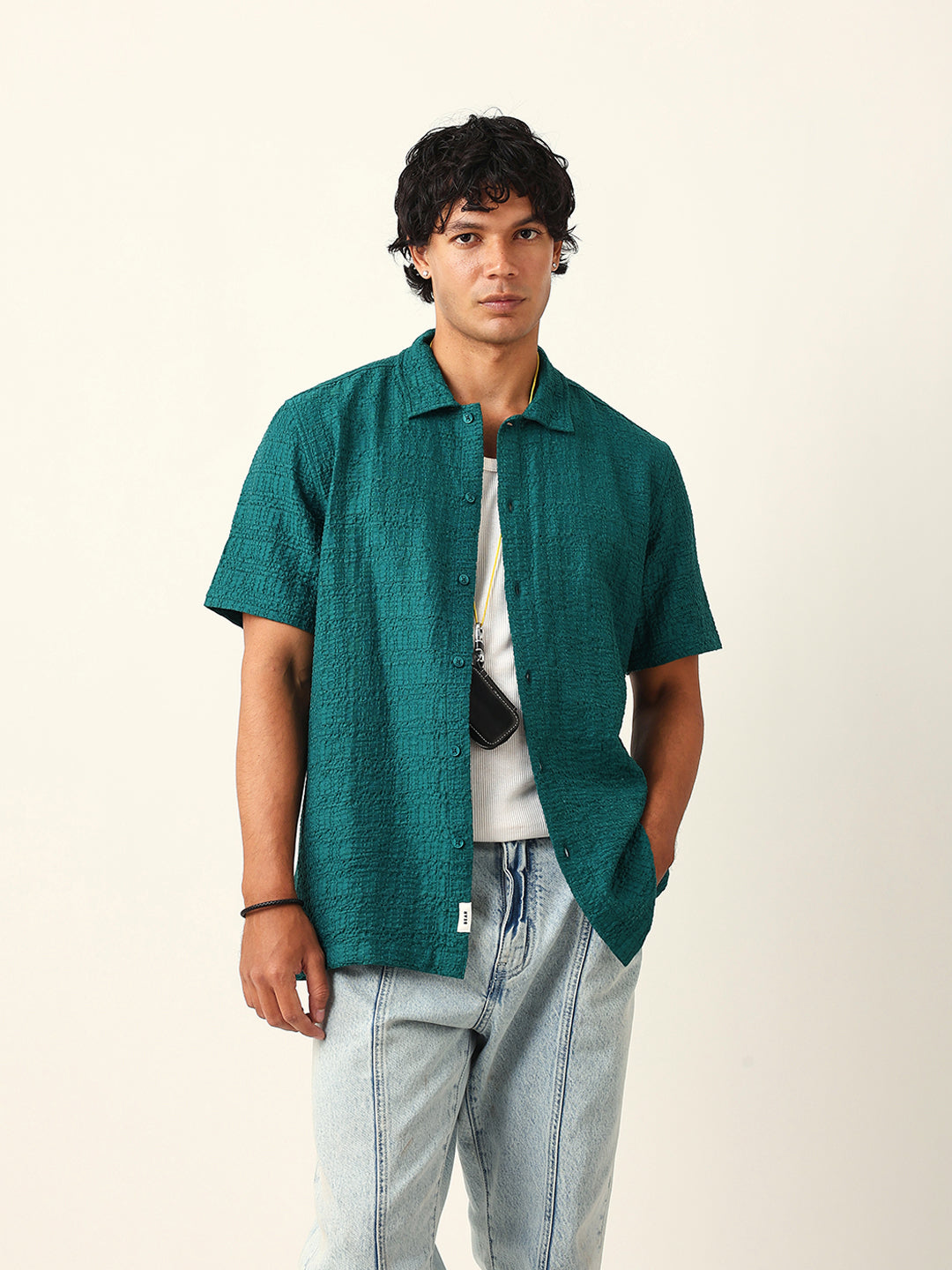 Teal Green Textured Geometric Relaxed Fit Casual Half Sleeve Shirt