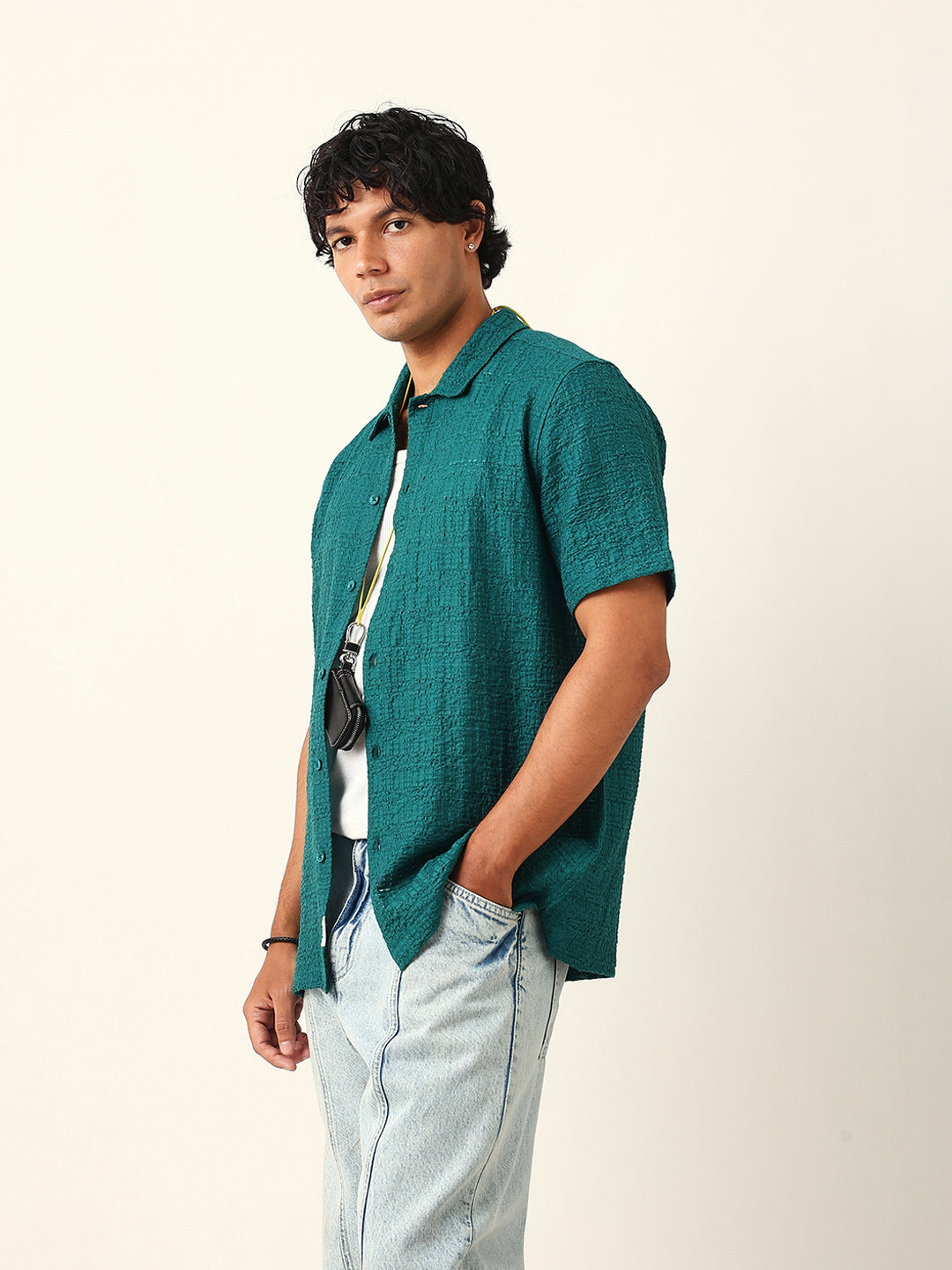 Teal Green Textured Geometric Relaxed Fit Casual Half Sleeve Shirt