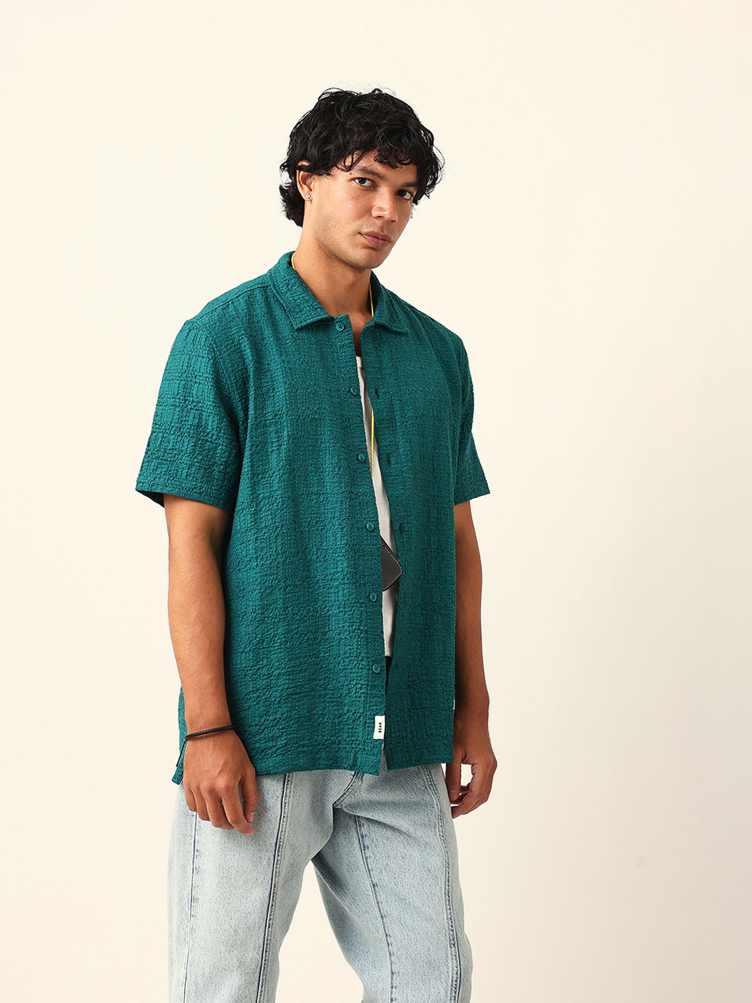 Teal Green Textured Geometric Relaxed Fit Casual Half Sleeve Shirt