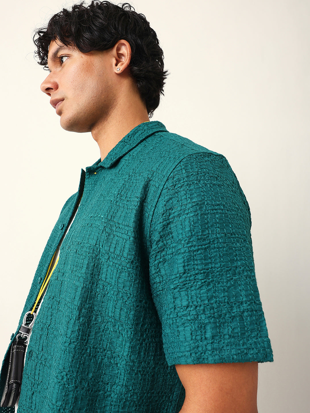 Teal Green Textured Geometric Relaxed Fit Casual Half Sleeve Shirt