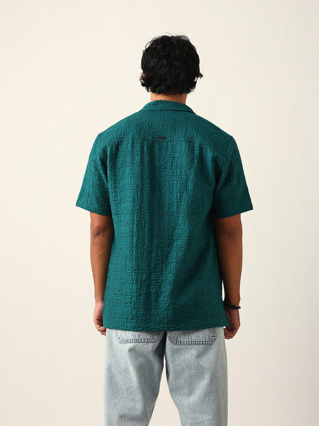 Teal Green Textured Geometric Relaxed Fit Casual Half Sleeve Shirt