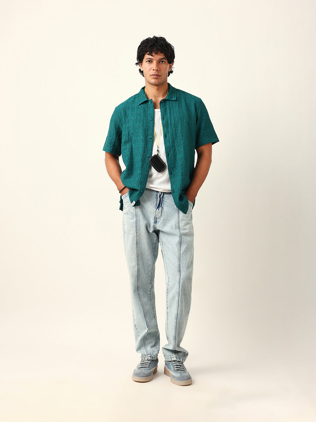 Teal Green Textured Geometric Relaxed Fit Casual Half Sleeve Shirt