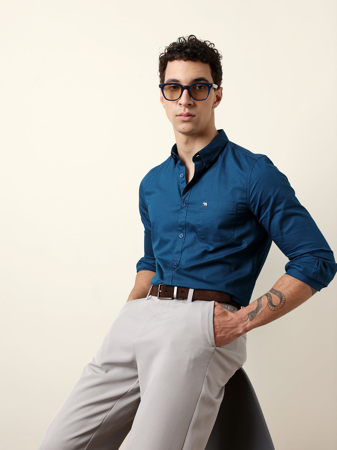 Teal Solid Cotton Slim Fit Casual Shirt